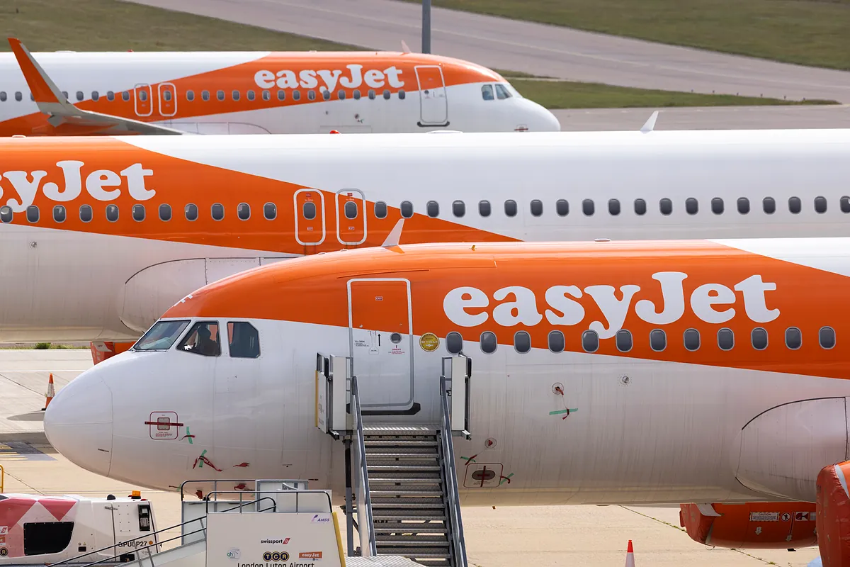 easyJet, logo e aeroporto di Barcellona, con un fondo di mercati finanziari